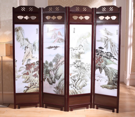 中國(guó)風(fēng)實(shí)木古典屏風(fēng)隔斷，山水畫(huà)中式屏風(fēng)