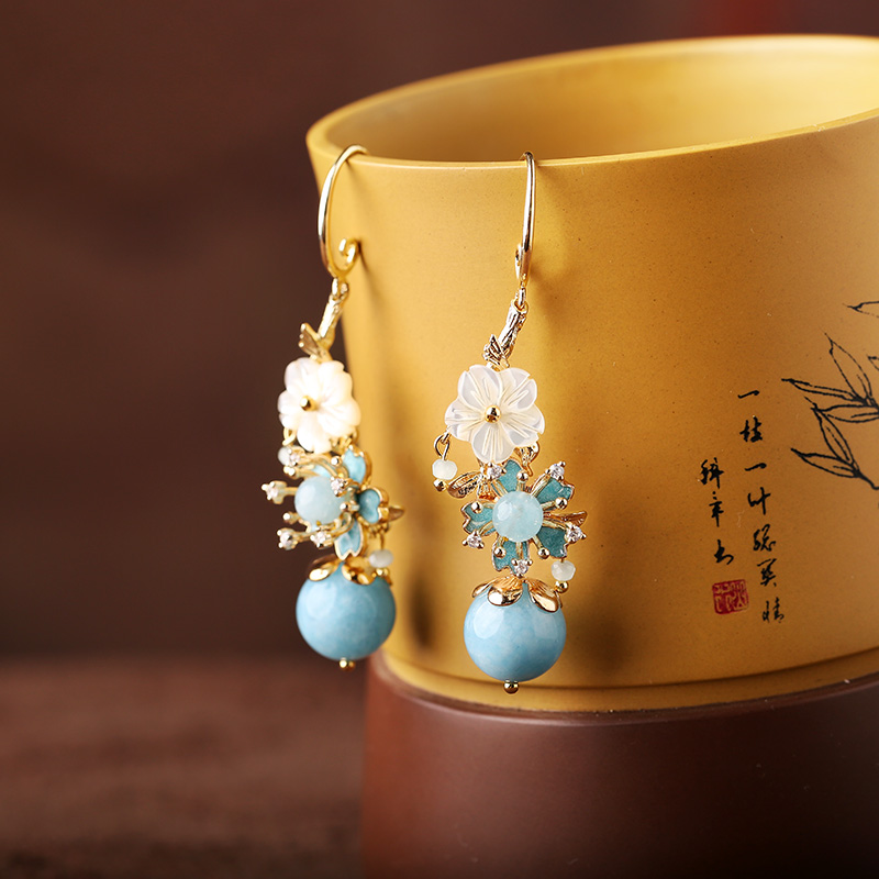 淡藍(lán)海風(fēng)系花朵耳飾，清涼清新氣質(zhì)耳環(huán)