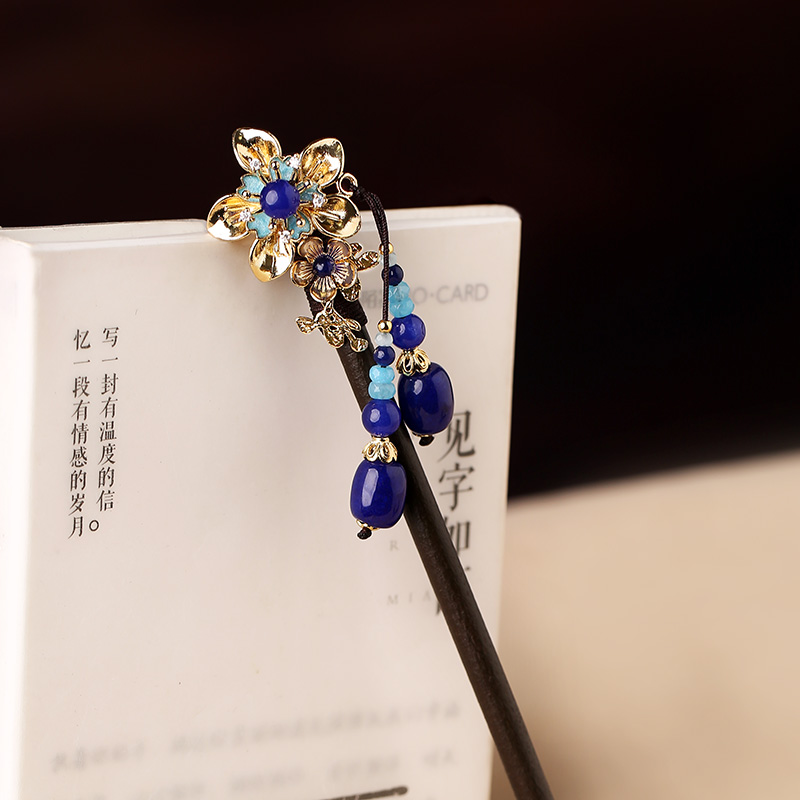 中式手工木簪子，藍(lán)色發(fā)簪頭飾