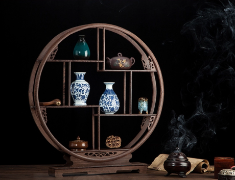 紅木雞翅木圓博古架，實木中式家具