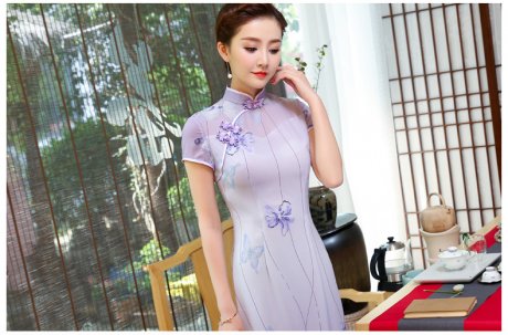 淡紫色旗袍，紫蝶唯美旗袍裙