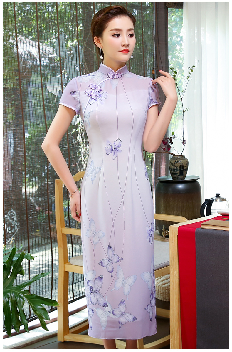 淡紫色旗袍，紫蝶唯美旗袍裙