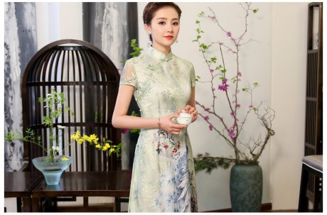 奧黛風綠孔雀旗袍，蕾絲短袖旗袍裙!