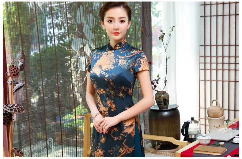 吉祥孔雀圖旗袍，中國風奧黛旗袍裙