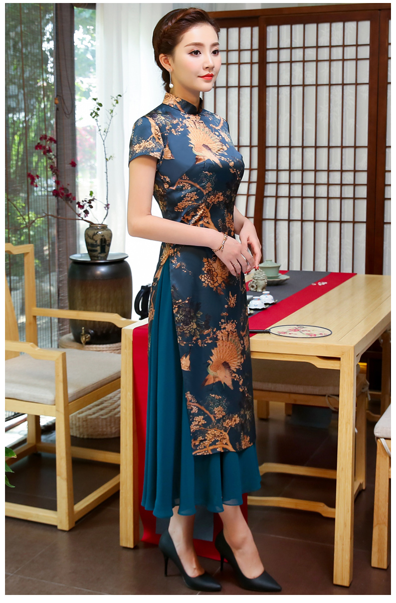 吉祥孔雀圖旗袍，中國風奧黛旗袍裙