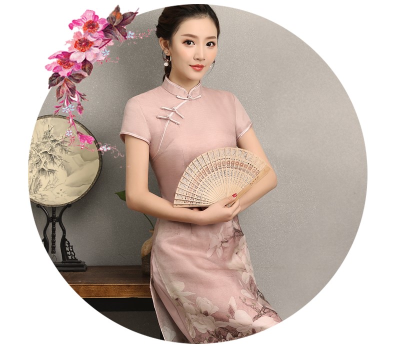 粉色玉蘭花旗袍，清新亮麗旗袍裙