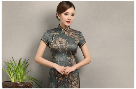 中國風花牡丹旗袍，復(fù)古典雅修身旗袍裙