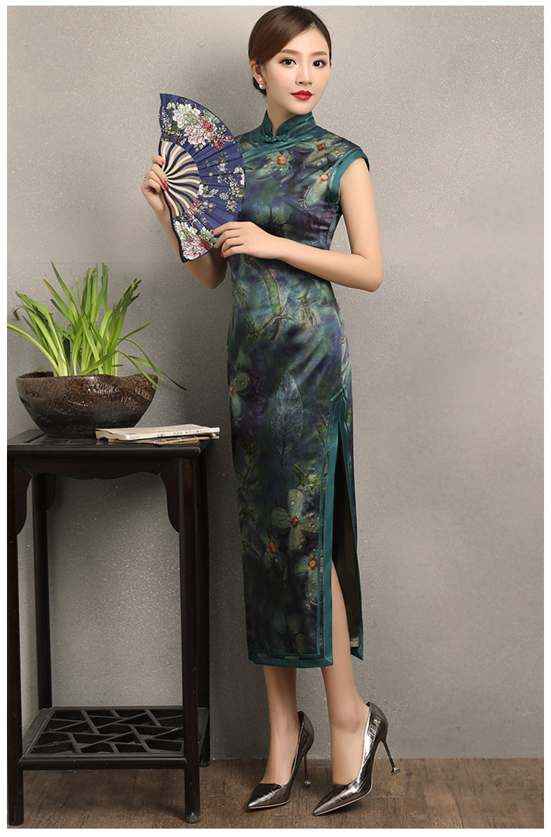 墨綠碧枝印花旗袍，復(fù)古改良短袖長(zhǎng)款旗袍裙