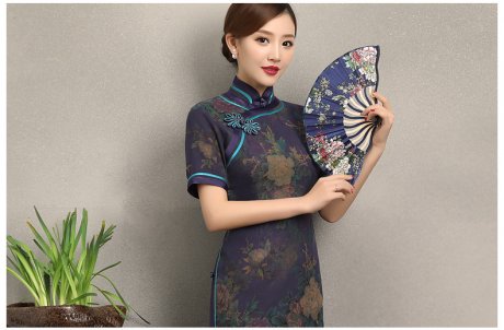 紫韻真絲香云紗旗袍，復古改良短袖旗袍裙