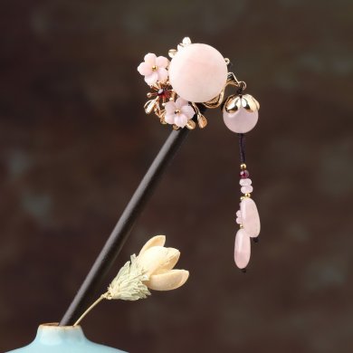 櫻戀粉雪發(fā)簪，氣質(zhì)小清新粉水晶簪子頭飾