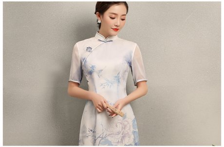 藍(lán)伊水墨印花旗袍，中式修身短袖旗袍裙