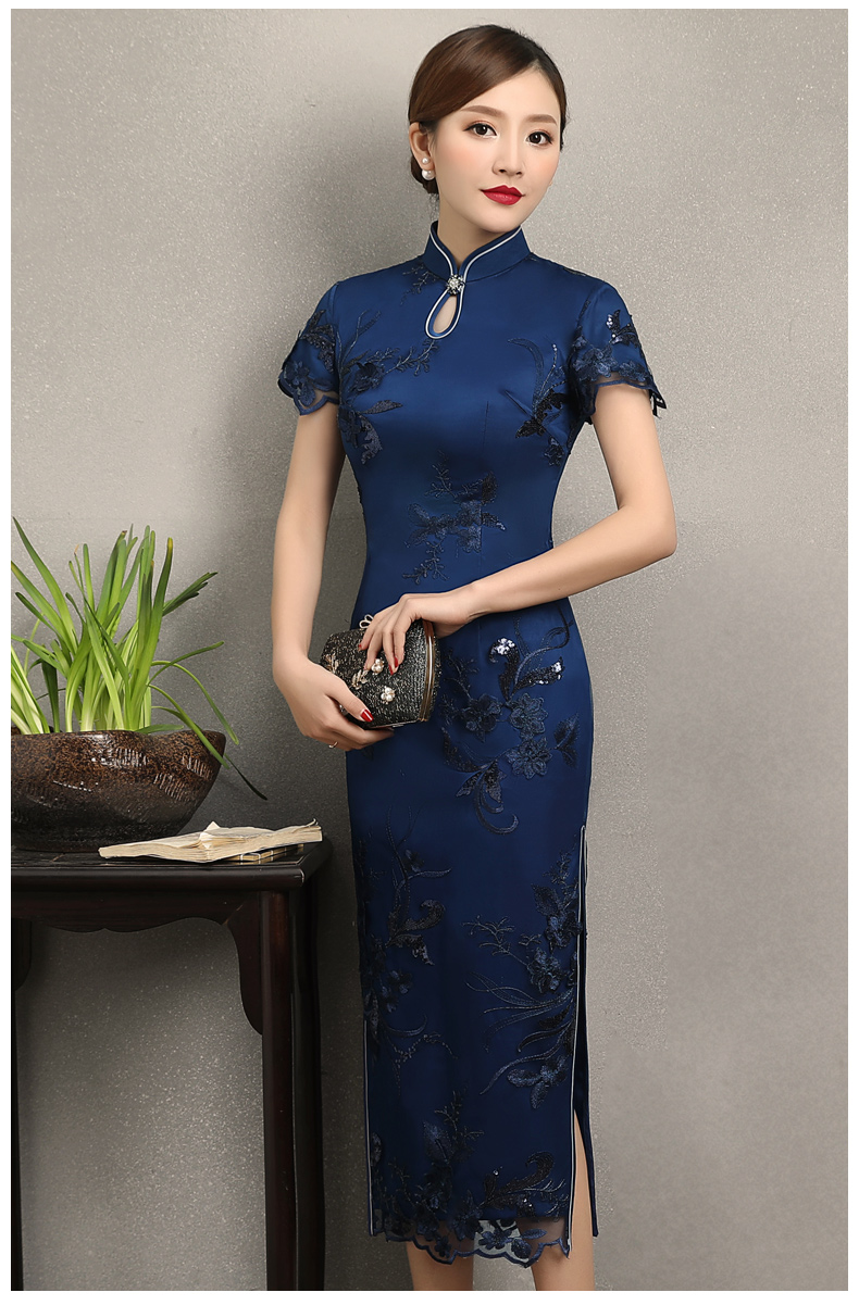 蘭蕓蕾絲繡花旗袍，優(yōu)雅知性短袖旗袍圖片