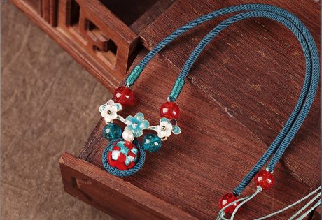 藍(lán)色琉璃吊墜中國(guó)風(fēng)鎖骨鏈，古風(fēng)簡(jiǎn)約花朵項(xiàng)鏈