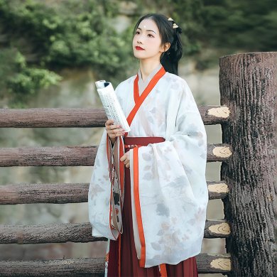 魏晉風(fēng)大袖交領(lǐng)襦裙?jié)h服，松葉水墨印花漢服