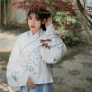 精致紫陽扇香圖案繡花漢服，清新交領(lǐng)襦裙?jié)h服