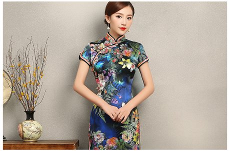 蔓如花靚麗旗袍，唯美短袖印花旗袍裙