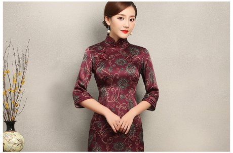 端莊典雅紫紅色旗袍，中袖真絲旗袍裙