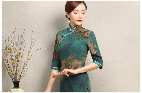 復(fù)古雍容的墨綠旗袍，古典印花旗袍裙