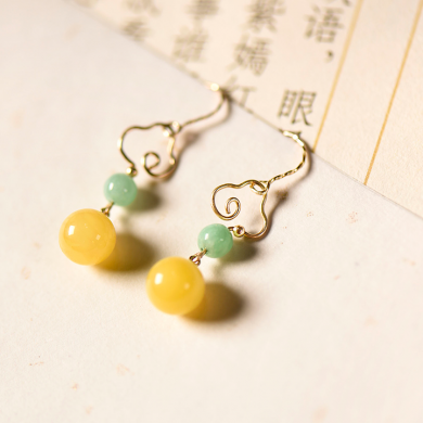 古風手工祥云耳環(huán)，古典蜜蠟翡翠耳環(huán)