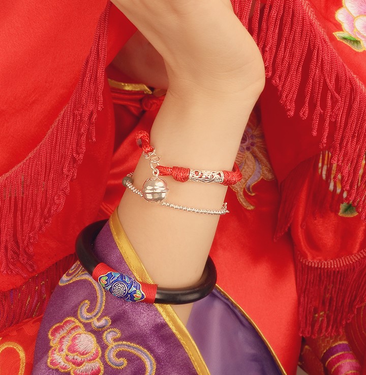 囍吉中國(guó)風(fēng)手鏈，本命年紅繩銀蓮花鈴鐺首飾