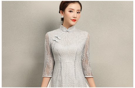 淺灰?jiàn)W黛風(fēng)旗袍，蕾絲中式旗袍裙