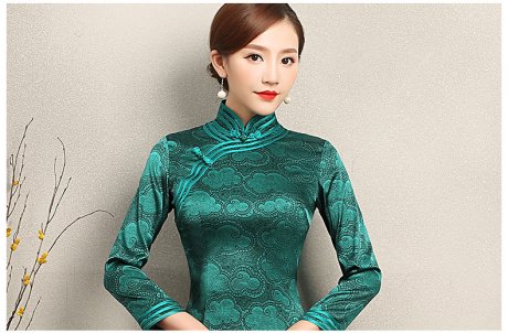 雍容華貴祥云圖案旗袍，復(fù)古風(fēng)墨綠色旗袍裙