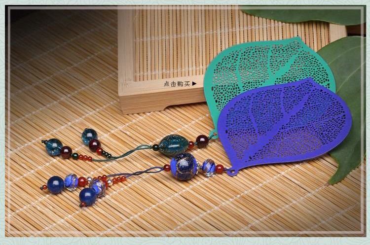 中國(guó)風(fēng)金屬葉脈個(gè)性創(chuàng)意流蘇一葉知秋書簽