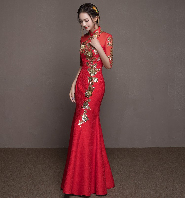 金枝玉葉中式禮服，魚尾牡丹花晚禮服