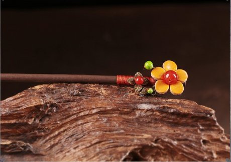 亮黃色花朵發(fā)簪，古風(fēng)古風(fēng)盤發(fā)木簪子頭飾