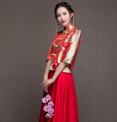 花朵繁枝中式禮服，唯美新娘禮服
