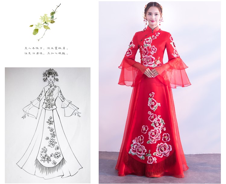 荷葉袖中式禮服，唯美牡丹花新娘禮服