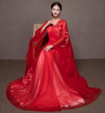 超仙蕾絲網(wǎng)紗中式禮服，唯美斜襟漢服新娘禮服