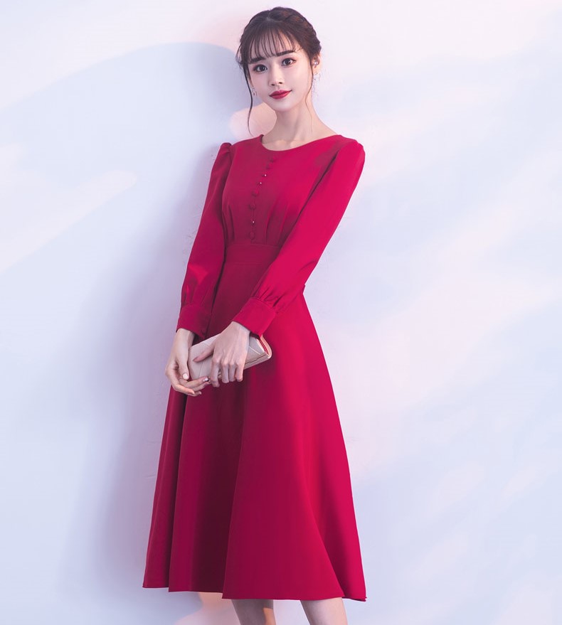 紅色長袖收腰中式禮服，時尚蝴蝶結晚禮服