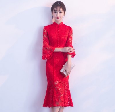 紅色性感蕾絲中式禮服，中式復(fù)古晚禮服