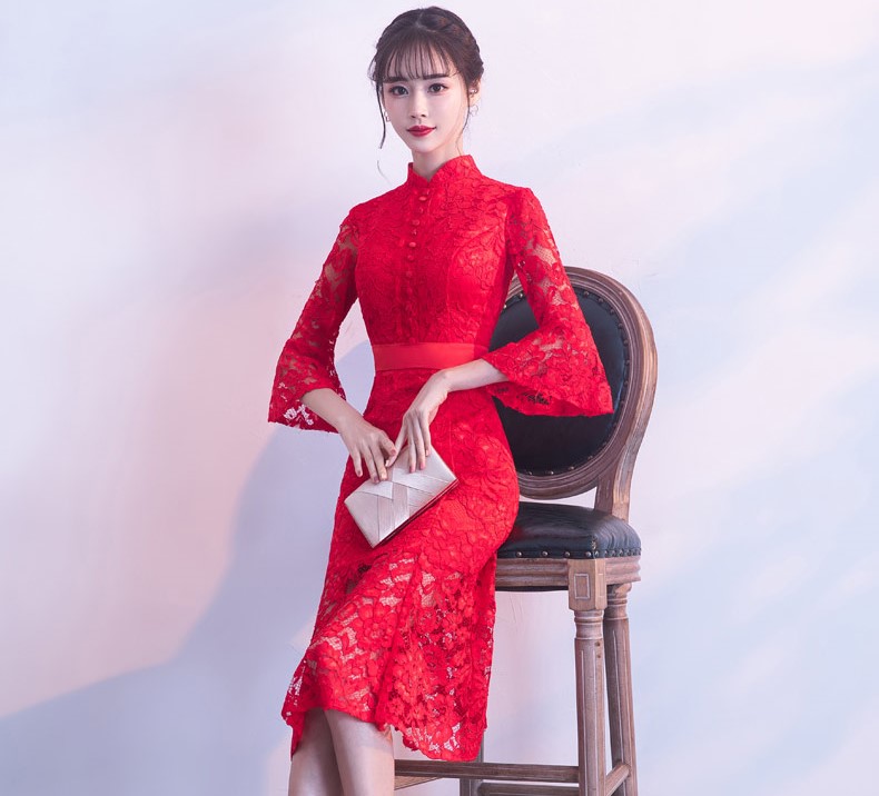 紅色性感蕾絲中式禮服，中式復(fù)古晚禮服