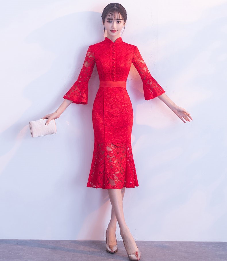 紅色性感蕾絲中式禮服，中式復(fù)古晚禮服
