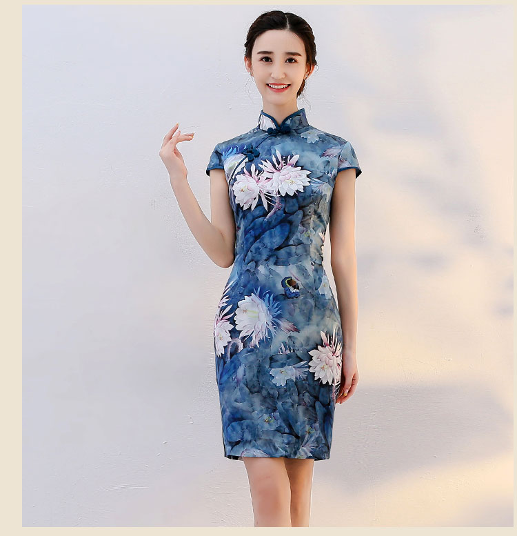 藍曇唯美復古短袖蠶絲旗袍裙