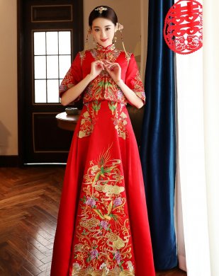 氣質(zhì)刺繡新娘禮服，古典唯美中式禮服