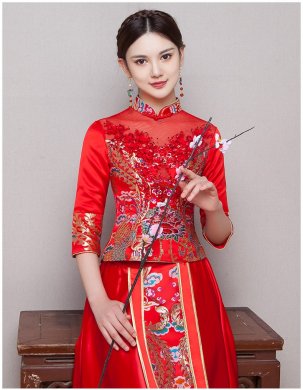 古典華麗新娘禮服，復(fù)古蕾絲中式禮服
