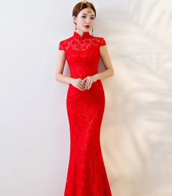 性感蕾絲魚(yú)尾中式禮服，華麗復(fù)古晚禮服