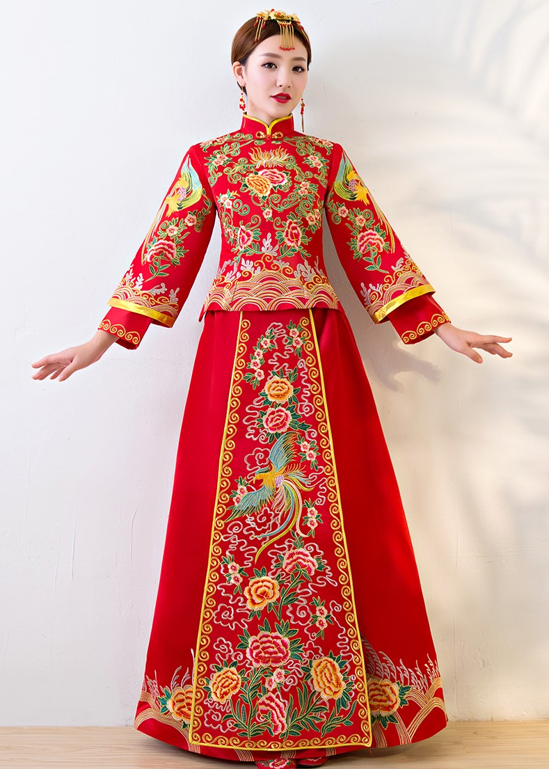 唯美中國(guó)風(fēng)中式禮服，鳳牡丹刺繡新娘禮服