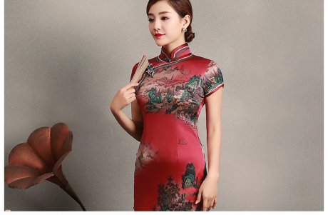 紅色山岳短袖旗袍，蠶絲時(shí)尚旗袍裙