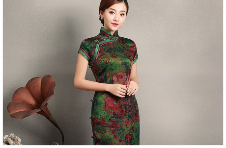 復(fù)古墨綠抽象色彩短袖旗袍，蠶絲時(shí)尚旗袍裙