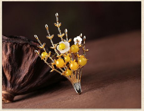 黃瑪瑙中國風(fēng)氣質(zhì)胸針，唯美清新復(fù)古胸花