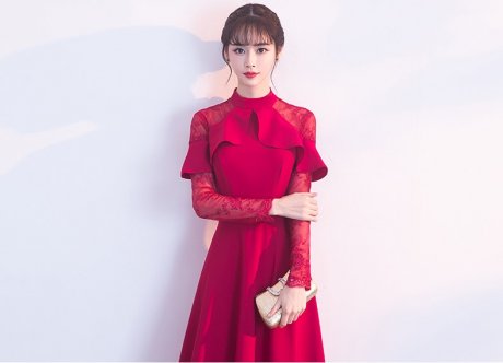 紅色長款中式禮服，荷葉邊氣質(zhì)晚禮服裙