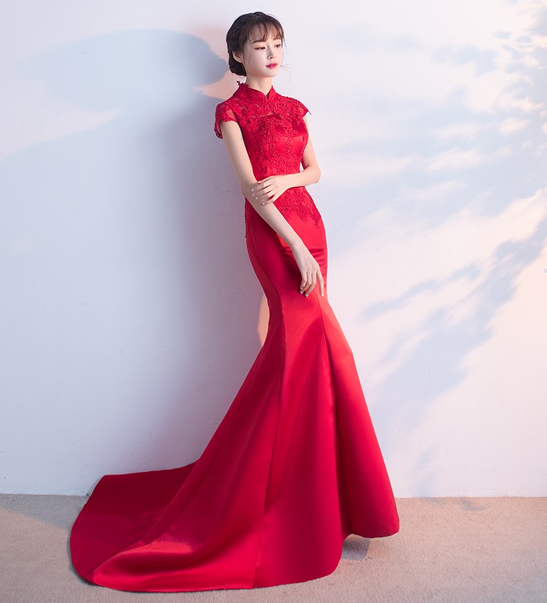 時尚魚尾拖尾中式禮服，蕾絲氣質(zhì)晚禮服