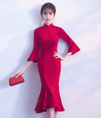 復(fù)古魚(yú)尾中式禮服，氣質(zhì)修身晚禮服