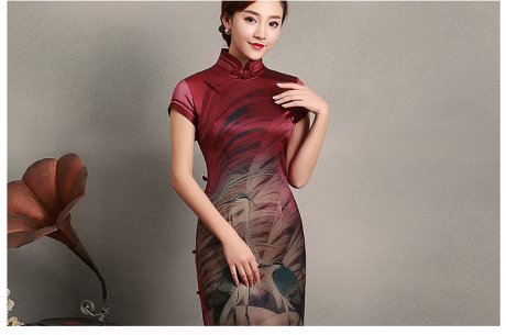 復(fù)古鶴短袖旗袍，蠶絲印花旗袍裙