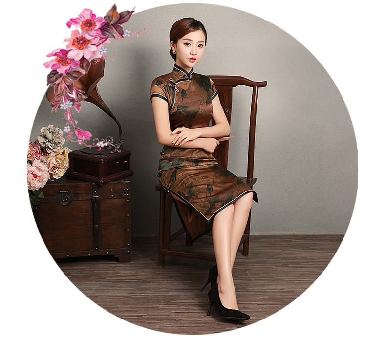 復(fù)古風(fēng)沉今短袖旗袍，蠶絲印花旗袍裙