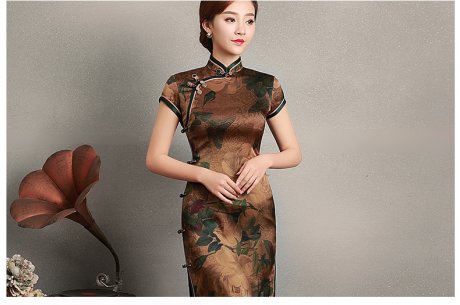 復(fù)古風沉今短袖旗袍，蠶絲印花旗袍裙